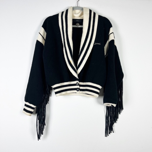 Alanui Wool Cashmere Blend Stretch Knit Fringe Varsity Cardigan Sweater Black S - Picture 1 of 3